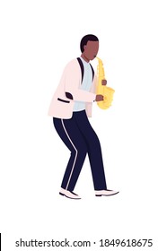 African saxophonist flat color vector faceless character. Man play classical musical instrument. Sax player. Jazz music performance isolated cartoon illustration for web graphic design and animation