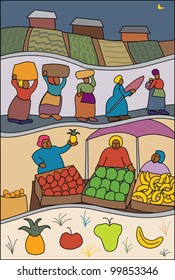 African Scene With Fruit Vendors At Market