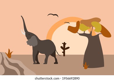 African scene on sunset. Abstract minimalist desert, baobab tree, cactus and elephant pattern background. Cartoon design for modern poster, t-shirt design, gift shop label etc