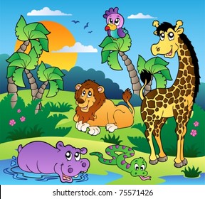 African scenery with animals 1 - vector illustration.