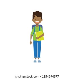 african school boy with book , full length avatar on white background, successful study concept, flat cartoon design vector illustration