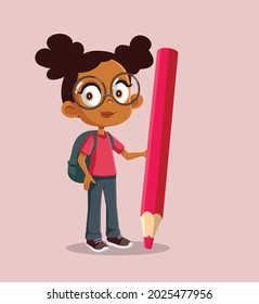 African School Girl Holding Big Pencil Vector Cartoon. Smart kid taking lessons in creative writing at school 
