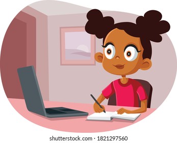 African School Girl Studying from Home. Home schooled child learning online from digital classes
