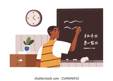 African school teacher writing on blackboard with chalk. Black man educator teaching in class, conducting maths lesson at chalkboard in classroom. Flat vector illustration isolated on white background