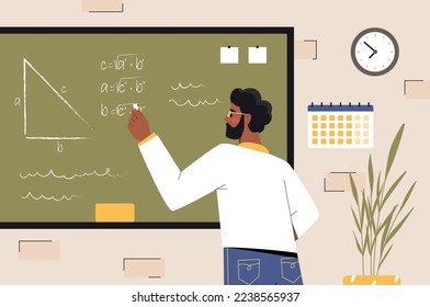 African school teacher. Young guy in glasses with chalk near blackboard. University and school, education and training, lecture. Graphic element for website. Cartoon flat vector illustration