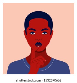 African schoolboy put a finger to his lips and thinks. Avatar of a teenager. Portrait of a child. Vector flat illustration