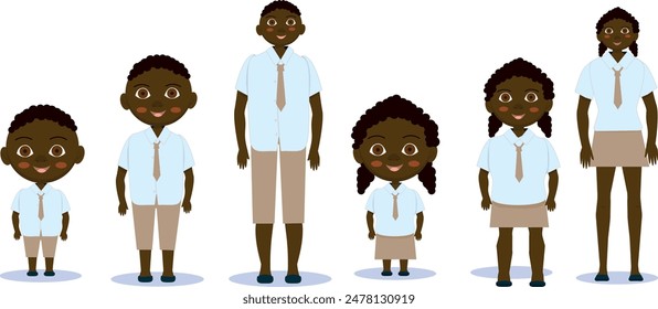 African schoolchildren elementary set school students, middle school and high school boys and girls in school uniforms vector flat design