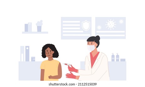 An african schoolgirl at hospital getting vaccinated. A nurse or doctor wearing face mask and holding syringe with vaccine jab. Children Covid Vaccination concept. Vector flat style illustration.