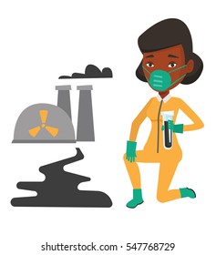 African scientist in gas mask and radiation protective suit holding test-tube with black liquid on the background of nuclear power plant. Vector flat design illustration isolated on white background.