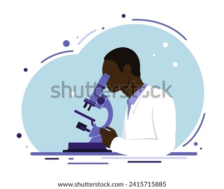 An African scientist looks through a microscope. Science. Flat style.