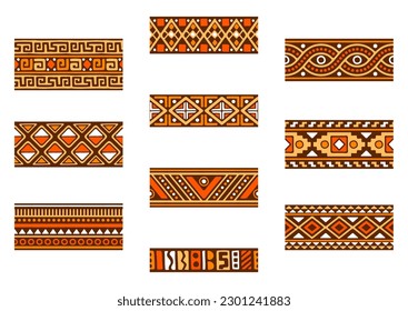 African seamless borders set. Hand stamp printing. Ethnic folk texture.