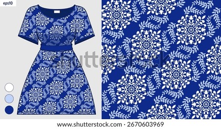 African seamless floral pattern and damask design. women skirts and dresses, ideal for textile mockup, fashion presentation and print design, hand drawn beautiful artwork. not AI generated.