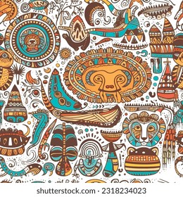 African seamless pattern background illustration. Tribal ethnic afro style ornaments with african symbols, signs. Doodle hand drawn tribe colorful ornaments on white background. Endless texture.