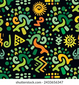 African seamless pattern background illustration. Tribal ethnic afro style ornaments with african symbols, signs. Doodle hand drawn tribe colorful bright trendy ornaments on black background. 