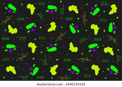 African seamless pattern with Baobab and continent Africa. Neon Africanian background with Doodle element. Vector illustration can used wallpaper textile t-shirt print. EPS 10 Editable stroke 