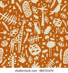 African seamless pattern with cute flamingo, monkey, giraffe and parrot. Can be used for fabric, children's wallpaper, blog.