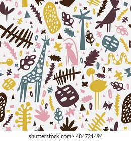 African seamless pattern with cute flamingo, monkey, giraffe and parrot. Can be used for fabric, children's wallpaper, blog.