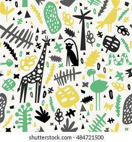 African seamless pattern with cute flamingo, monkey, giraffe and parrot. Can be used for fabric, children's wallpaper, blog.