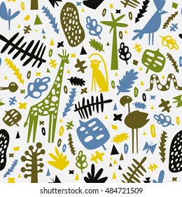 African seamless pattern with cute flamingo, monkey, giraffe and parrot. Can be used for fabric, children's wallpaper, blog.