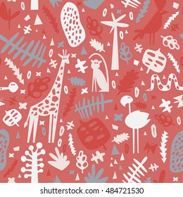 African seamless pattern with cute flamingo, monkey, giraffe and parrot. Can be used for fabric, children's wallpaper, blog.