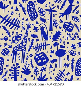African seamless pattern with cute flamingo, monkey, giraffe and parrot. Can be used for fabric, children's wallpaper, blog.