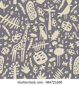 African seamless pattern with cute flamingo, monkey, giraffe and parrot. Can be used for fabric, children's wallpaper, blog.