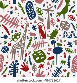 African seamless pattern with cute flamingo, monkey, giraffe and parrot. Can be used for fabric, children's wallpaper, blog.