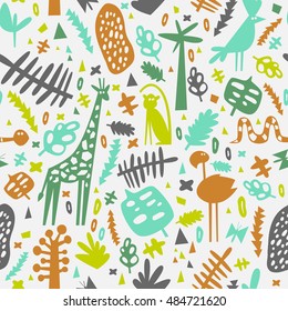 African seamless pattern with cute flamingo, monkey, giraffe and parrot. Can be used for fabric, children's wallpaper, blog.