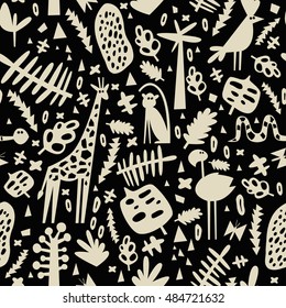 African seamless pattern with cute flamingo, monkey, giraffe and parrot. Can be used for fabric, children's wallpaper, blog.
