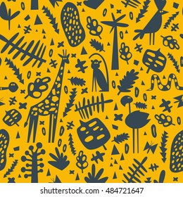 African seamless pattern with cute flamingo, monkey, giraffe and parrot. Can be used for fabric, children's wallpaper, blog.