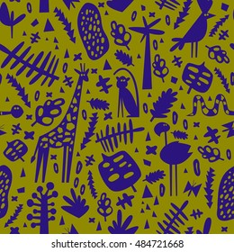 African seamless pattern with cute flamingo, monkey, giraffe and parrot. Can be used for fabric, children's wallpaper, blog.