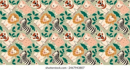 African seamless pattern with cute modern animals. Vector illustration for printing on covers, clothing, and various printing products. 