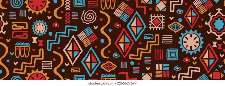 Afrikanisches nahtloses Muster, ethnischer Hintergrund, handgezeichnet, geometrische Stammesgrafik. Vektorgrafik-Modetextiliendruck, böhmisches Aztec-Design. Ornamente abstrakte kreative Handarbeit.
