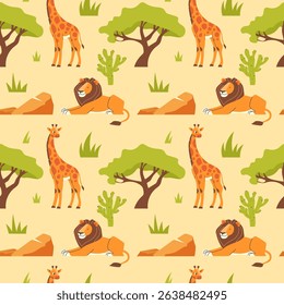 African seamless pattern with giraffe and lion
