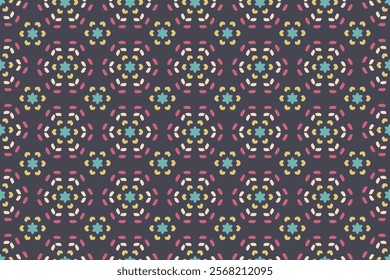 African seamless pattern. Moroccan, arabic design with different colour Shapes. Oriental background. Traditional asian elements. Decorative mediterranean eastern ornaments on black background. Vector