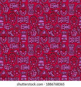 African seamless pattern with ritual masks, ethnic vases, jugs, tribal drums and other utensils. Background for souvenir shops