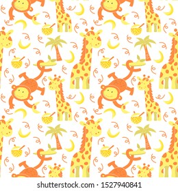 African Seamless Pattern With Simple Drawn Funny Mammals Repeated All Around. Vector Illustrated Texture