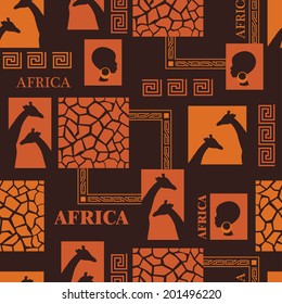  African seamless pattern with skin of giraffe and beautiful ethnic woman. Vector