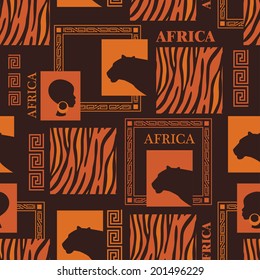  African seamless pattern with skin of tiger and beautiful ethnic woman. Vector
