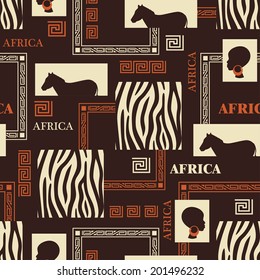  African seamless pattern with skin of zebra and beautiful ethnic woman. Vector