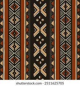 Padrão africano sem emenda. Roupa de barro tradicional, bogolan. Tecido tribal. Fundo abstrato desenhado à mão.