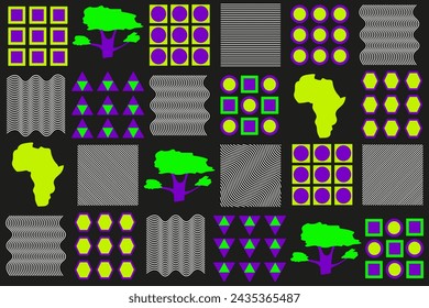 African seamless pattern in trendy Geometrical style with Baobab and continent Africa. Neon Geometry background. Vector illustration can used wallpaper textile t-shirt print. EPS 10 Editable stroke 