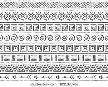 African seamless pattern. Tribal ethnic ornament. Black-white hand drawing.