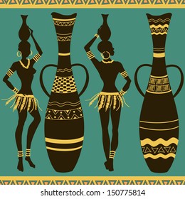 African seamless pattern of tribal seminude girls and vases