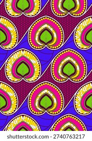 African seamless textile pattern featuring abstract leaf shapes, vibrant colors and repeating motifs, Ankara wax style fabric design for fashion and cultural backgrounds, not AI generated
