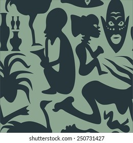 African seamless vector pattern, ancient tribal background, cyan and turquoise