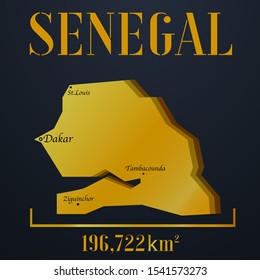 African Senegal golden 3d solid country outline silhouette, realistic piece of world map template, for infographic, vector illustration, isolated object, background. From countries set