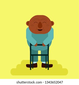 african senior citizen with physical disability. Smiling afro old man with mobility aids. Happy elder person. Fun design. Flat style. Stock vector illustration.