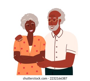 African Senior love couple portrait.Black skin Old man,woman hug,support.Happy aged family,spouse.Elderly wife and husband in romantic relationships.Flat vector illustration isolated,white background