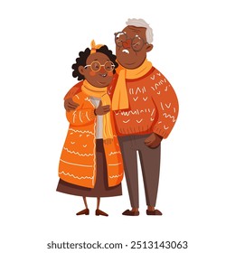 African Senior love couple portrait.Black skin Old man,woman hug,support.Happy aged family,spouse.Elderly wife and husband in romantic relationships.Flat vector illustration isolated,white background